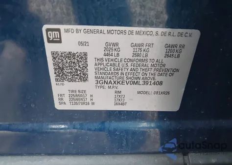 2021 Chevrolet Equinox Fwd Lt from USA, damaged, VIN 3GNAXKEV0ML391408